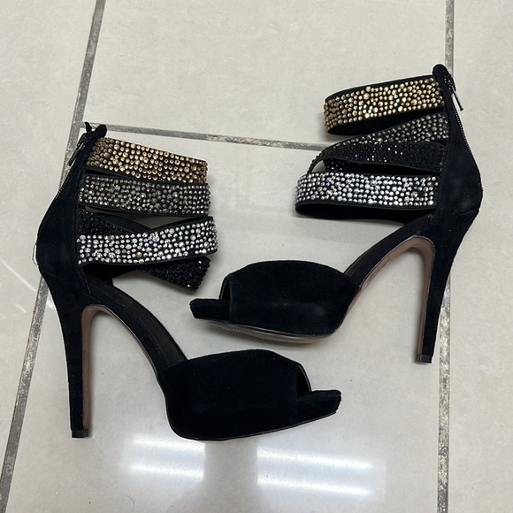 Aldo Rhinestones Black and Gold Strappy Open Toe Women's Heels | Size 6 - Picture 5 of 9